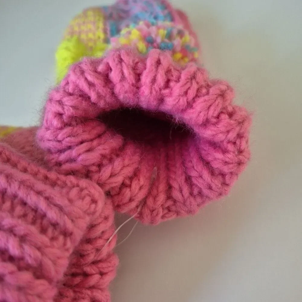 Handmade Pink Yellow Blue Pom Pom Crochet Mittens Womens Small or Girls Large